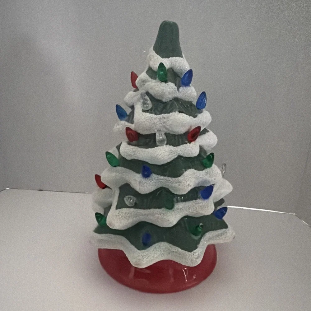 Vintage Style Flocked Ceramic Christmas Tree Light Up Tabletop Decor Green Red